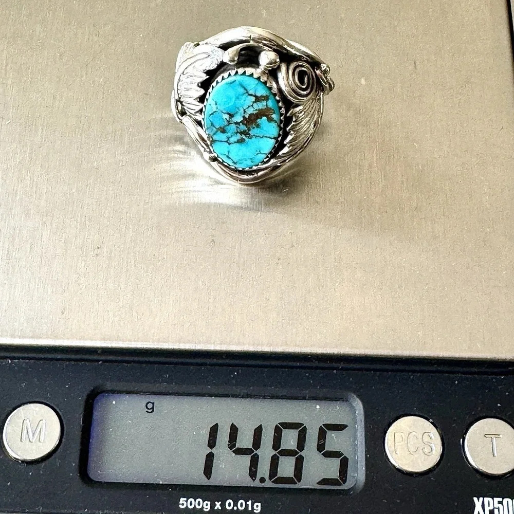 Navajo Turquoise Mens Ring Sz 11 Leaf Feather Signed Morgan Sterling Native Amer